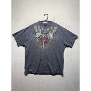 Miami Ink Y2K XXL Skull Wings Distressed Graphic Print T-Shirt Faded Oversized